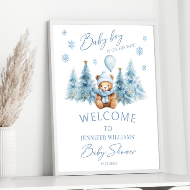Blue Winter Teddy Bear Pine Trees Baby Boy Shower Poster (Creator Uploaded)