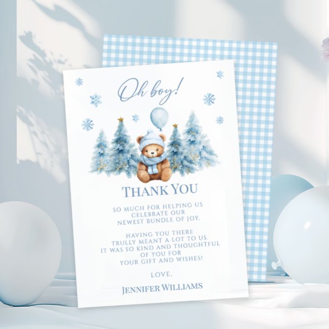 Blue Winter Teddy Bear Pine Trees Baby Boy Shower Thank You Card (Creator Uploaded)
