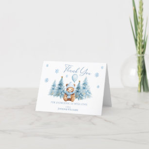 Blue Winter Teddy Bear Snowflakes Baby Boy Shower Letterpress Thank You Card