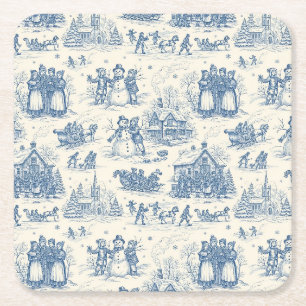 Blue Winter Toile Chinoiserie Square Paper Coaster