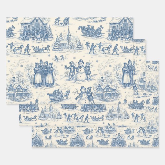 Blue Winter Toile Chinoiserie Wrapping Paper Sheets (Set)