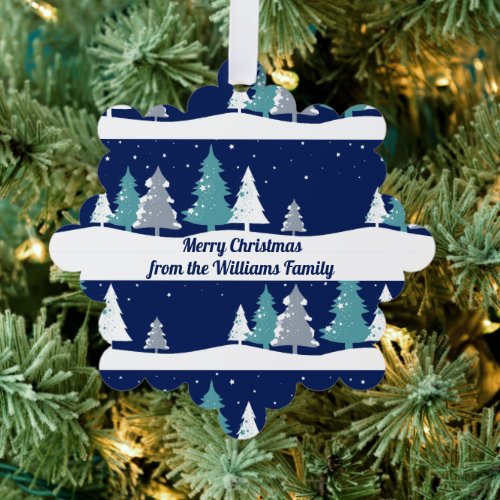 Blue Winter Trees Personalized Christmas Gift Ornament Card