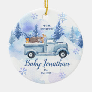 Blue Winter Truck Animal We're Expecting Parents Ceramic Ornament