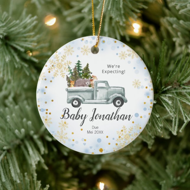 Blue Winter Truck We're Expecting Parents Ceramic Ornament (Tree)