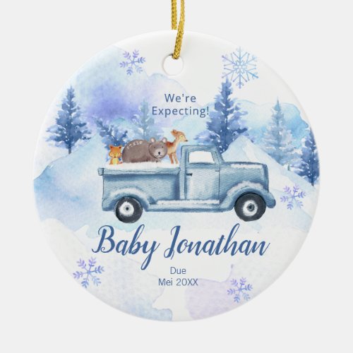 Blue Winter Truck Were Expecting Parents Ceramic Ornament