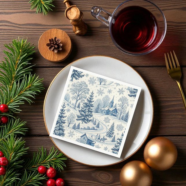 Blue Winter Village Christmas Toile Napkins (Creator Uploaded)