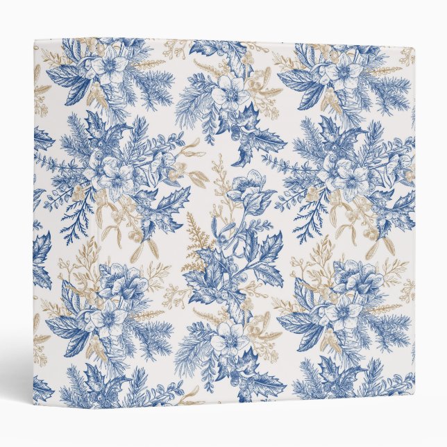 Blue Winter Vintage Flower Pattern 3 Ring Binder (Front/Spine)