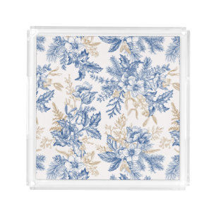 Blue Winter Vintage Flower Pattern Acrylic Tray