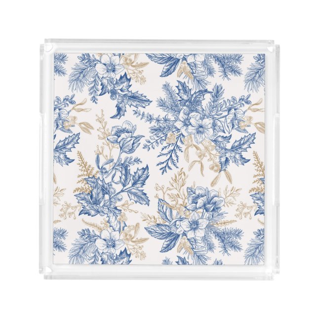 Blue Winter Vintage Flower Pattern Acrylic Tray (Front)