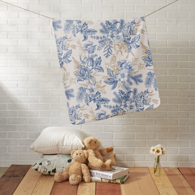 Blue Winter Vintage Flower Pattern Baby Blanket (In Situ)