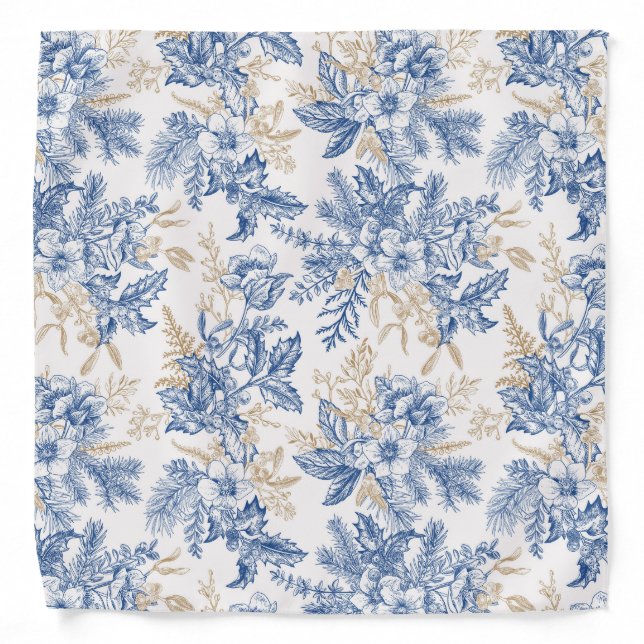 Blue Winter Vintage Flower Pattern Bandana (Front)