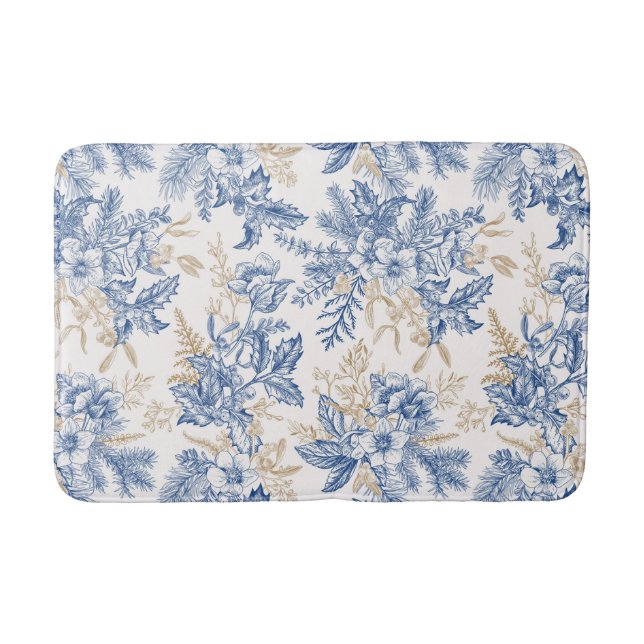 Blue Winter Vintage Flower Pattern Bath Mat (Front)