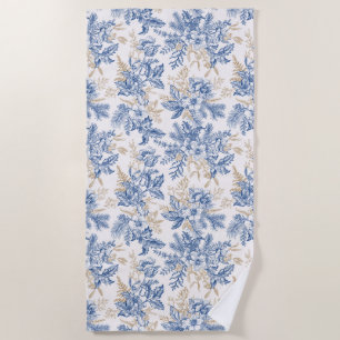 Blue Winter Vintage Flower Pattern Beach Towel