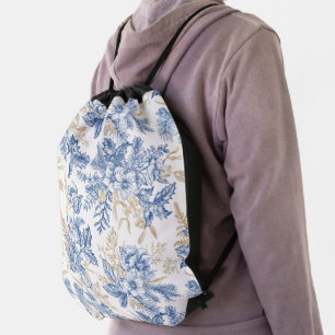 Blue Winter Vintage Flower Pattern Drawstring Bag