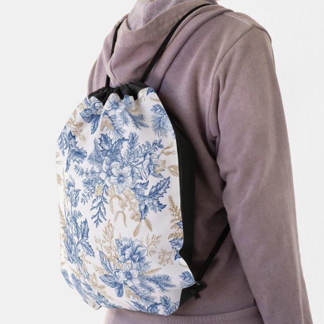 Blue Winter Vintage Flower Pattern Drawstring Bag (Insitu)