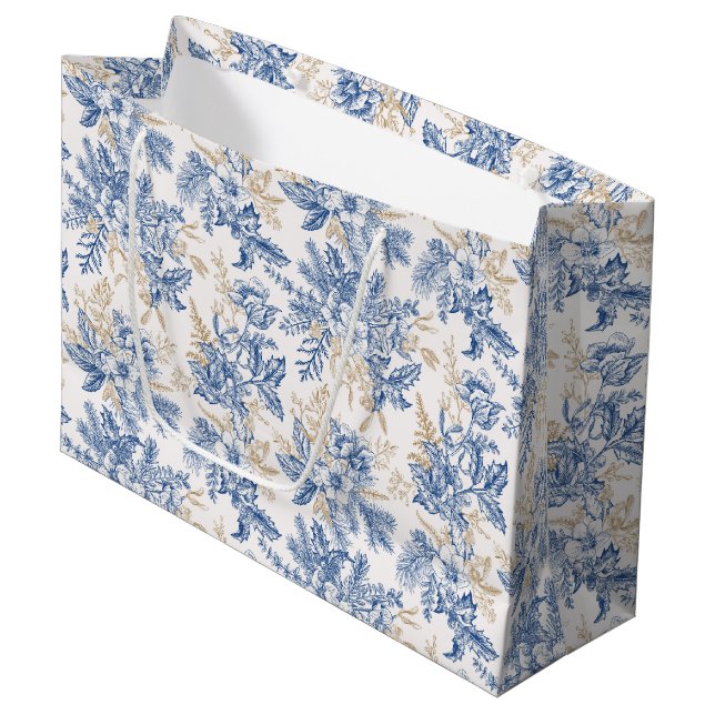 Blue Winter Vintage Flower Pattern Large Gift Bag (Front Angled)