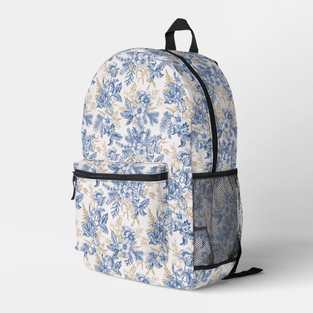 Blue Winter Vintage Flower Pattern Printed Backpack (Back Corner Right)