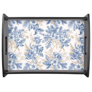 Blue Winter Vintage Flower Pattern Serving Tray