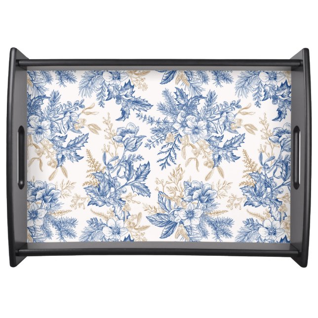 Blue Winter Vintage Flower Pattern Serving Tray (Front)