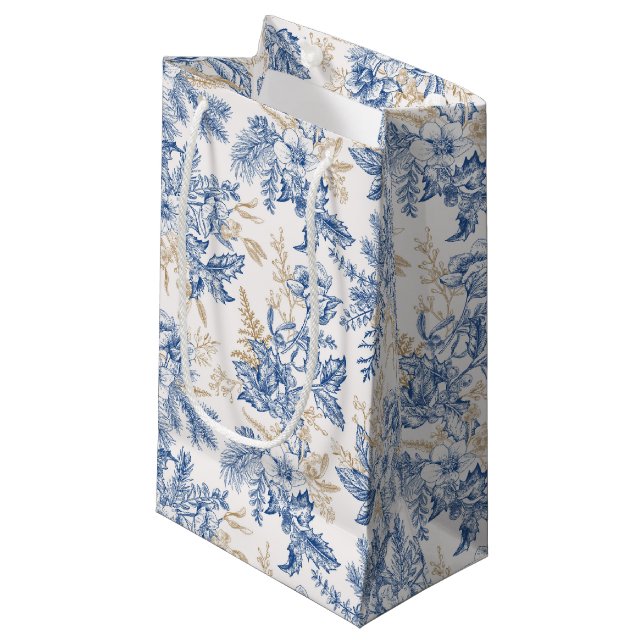 Blue Winter Vintage Flower Pattern Small Gift Bag (Front Angled)