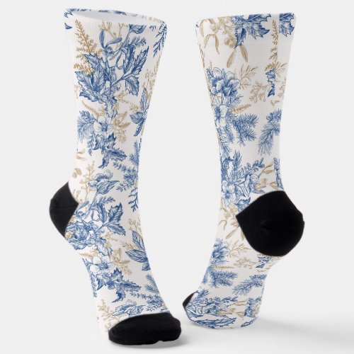 Blue Winter Vintage Flower Pattern Socks