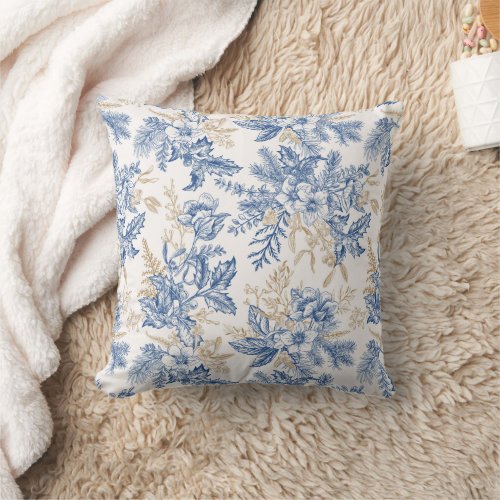 Blue Winter Vintage Flower Pattern Throw Pillow