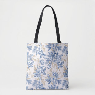 Blue Winter Vintage Flower Pattern Tote Bag
