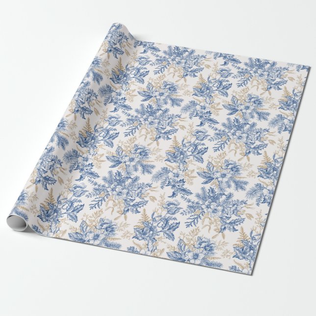 Blue Winter Vintage Flower Pattern Wrapping Paper (Unrolled)