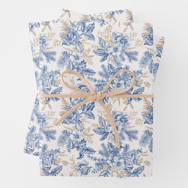 Blue Winter Vintage Flower Pattern Wrapping Paper Sheets (In situ)