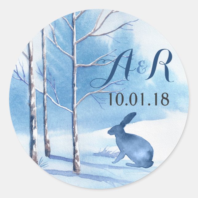 Blue Winter Winter Trees Monogram Wedding Classic Round Sticker (Front)
