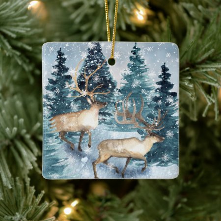 Blue Winter With Deers Ceramic Ornament