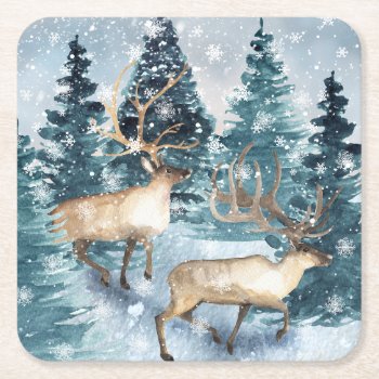 Blue Winter With Deers Square Paper Coaster by alise_art at Zazzle