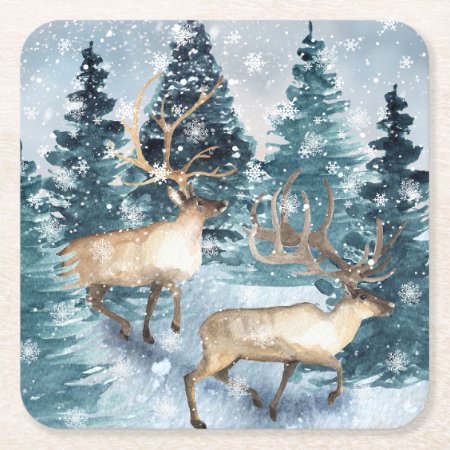 Blue Winter With Deers Square Paper Coaster
