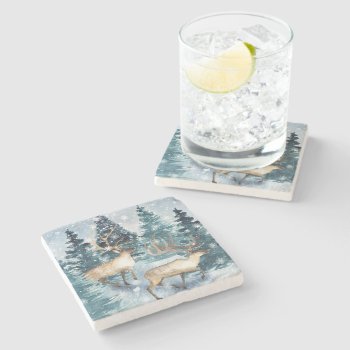 Blue Winter With Deers Stone Coaster by alise_art at Zazzle