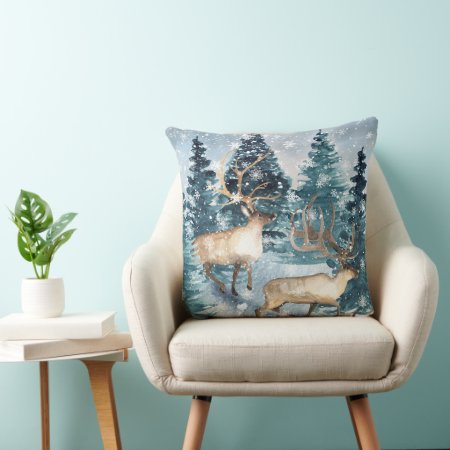 Blue Winter With Deers Throw Pillows
