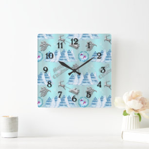 Blue Winter Wonderland Christmas Square Wall Clock