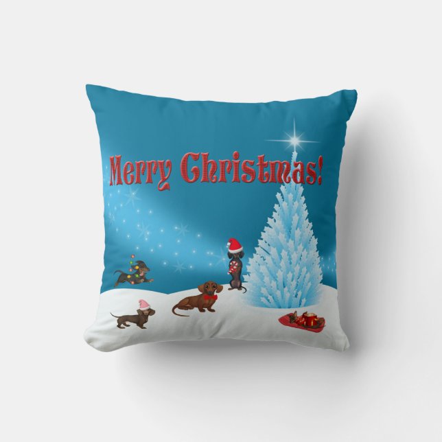 Blue Winter Wonderland Dachshund Christmas Pillow (Front)