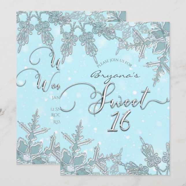Blue Winter Wonderland Elegant Snowflakes Sweet 16 Invitation (Front/Back)