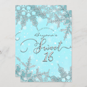 Blue Winter Wonderland Elegant Snowflakes Sweet 16 Invitation