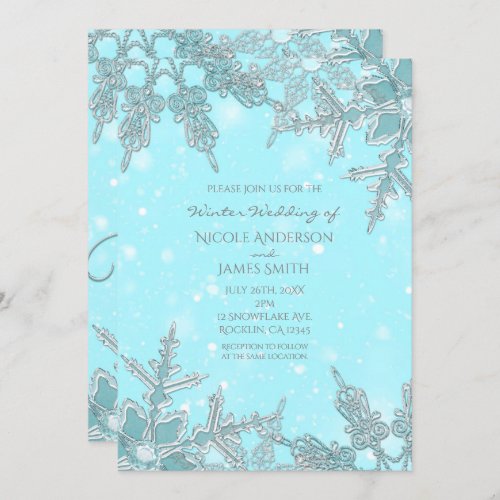 Blue Winter Wonderland Elegant Snowflakes Wedding Invitation