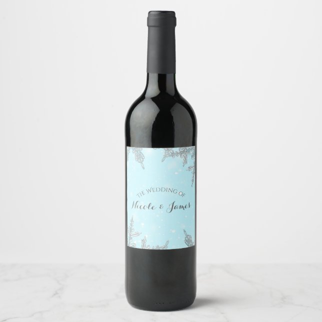 Blue Winter Wonderland Elegant Snowflakes Wine Wine Label (Front)