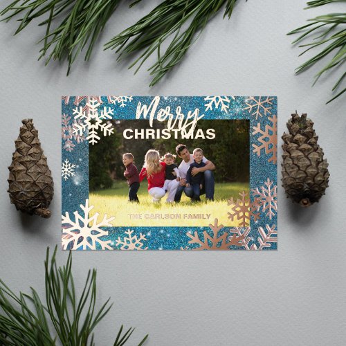 Blue Winter Wonderland Merry Christmas Photo Foil Holiday Card