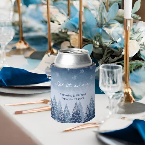 Blue Winter Wonderland Pine Christmas Wedding  Can Cooler