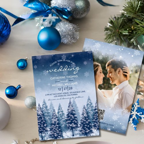 Blue Winter Wonderland Pine Christmas Wedding  Invitation