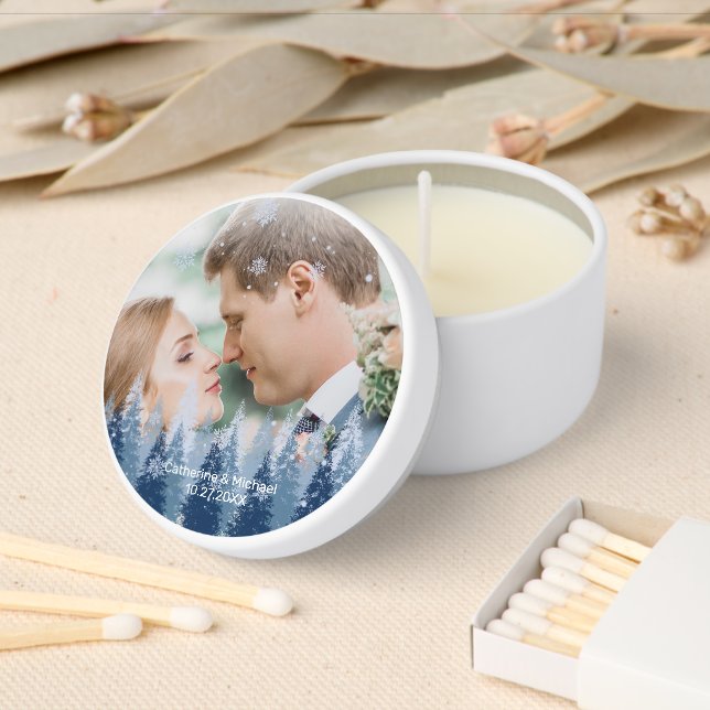 Blue Winter Wonderland Pine Christmas Wedding Mini Candle Favors (Insitu)
