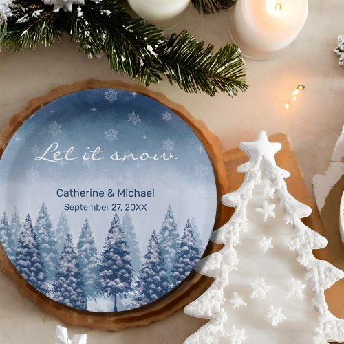 Blue Winter Wonderland Pine Christmas Wedding  Paper Plates