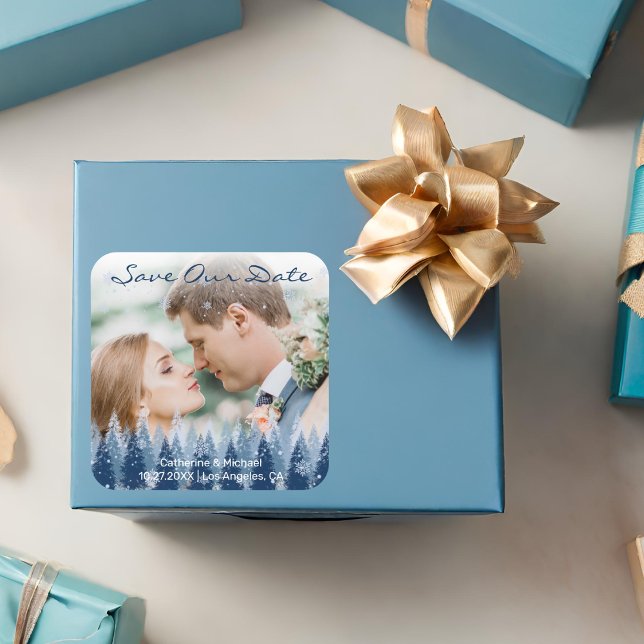 Blue Winter Wonderland Pine Christmas Wedding Square Sticker (Creator Uploaded)