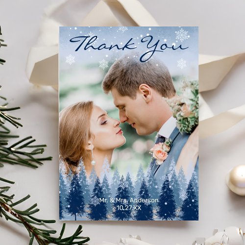Blue Winter Wonderland Pine Christmas Wedding Thank You Card
