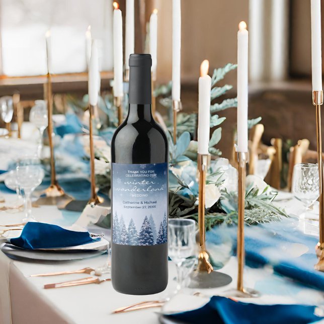 Blue Winter Wonderland Pine Christmas Wedding  Wine Label (Creator Uploaded)
