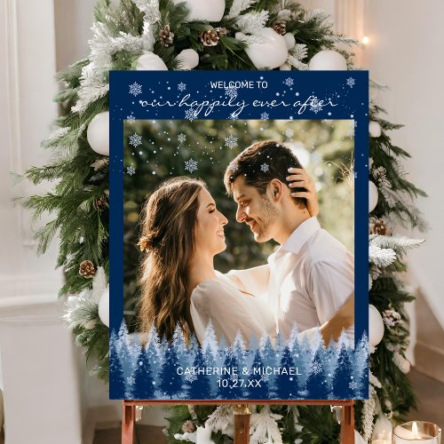 Blue Winter Wonderland Pine Forest Wedding Welcome Foam Board
